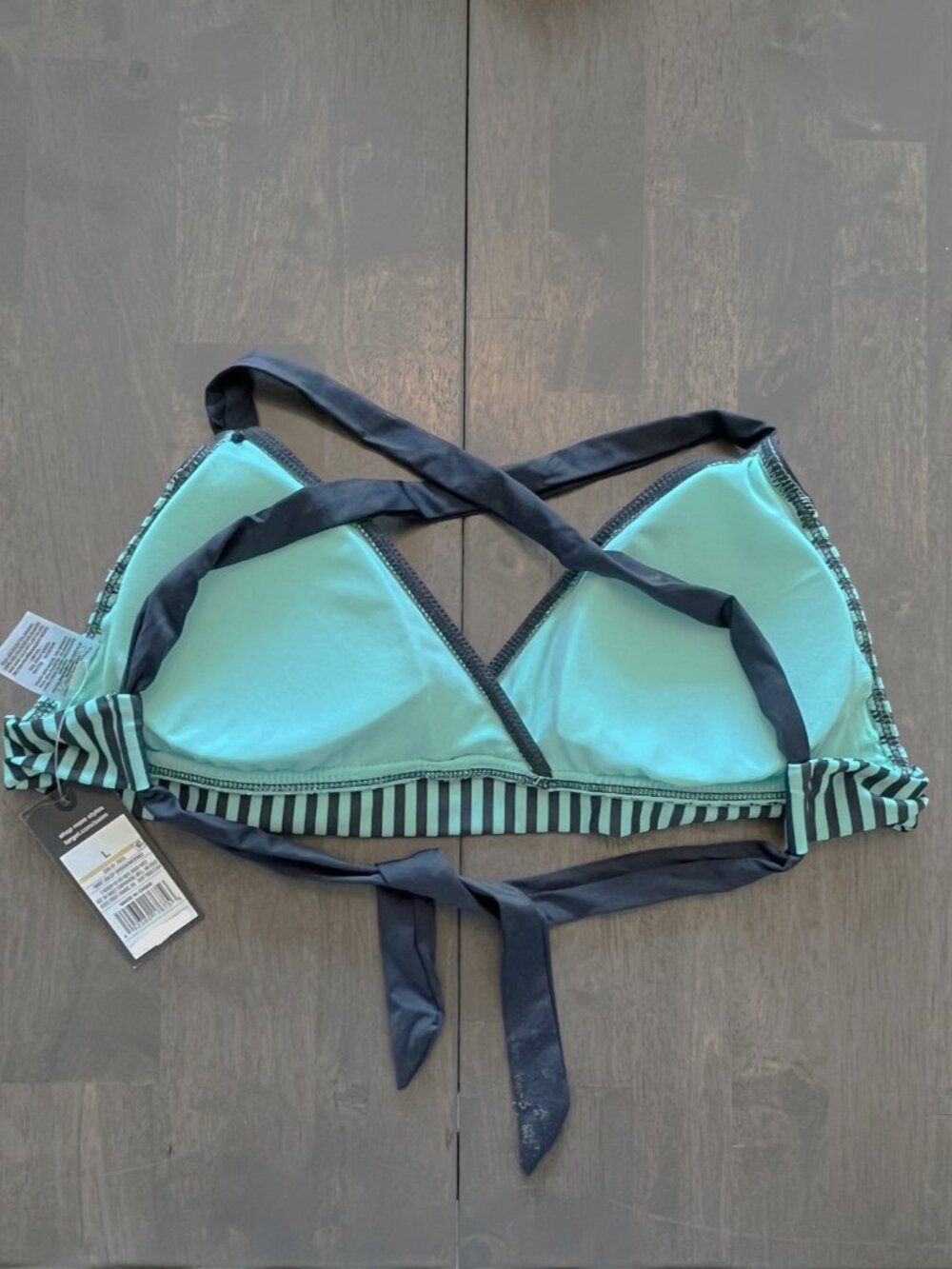 Mossimo Mint Green & Charcoal Grey Striped Crisscross Back Bikini Top Large NWT - Picture 5 of 7